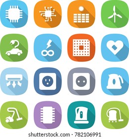 flat vector icon set - chip vector, sun power, windmill, electric car, infinity, cpu, pacemaker, air conditioning, socket, kettle, vacuum cleaner