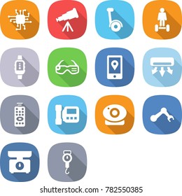 flat vector icon set - chip vector, telescope, gyroscooter, hoverboard, smart watch, glasses, mobile location, air conditioning, remote control, intercome, web camera, robot hand, kitchen scales