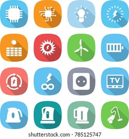 flat vector icon set - chip vector, bulb, lightning, sun power, windmill, battery, charge, infinity, socket, tv, kettle, vacuum cleaner