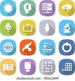 flat vector icon set - chip vector, bulb head, server, cloud service, jet robot, electrostatic, spark plug, microscope, globe, satellite, filter, on off button, office phone, usb flash, circuit