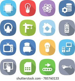 flat vector icon set - chip vector, bulb, atom, virtual mining, tomography, tower crane, smart house, remote control, tv, toaster, data transfer, touchscreen, sim card, conveyor, blower