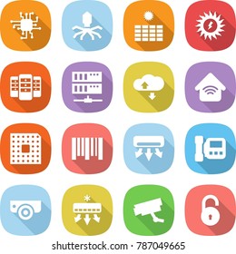 flat vector icon set - chip vector, virus, sun power, server, cloud service, wireless home, cpu, bar code, air conditioning, intercome, surveillance camera, unlock