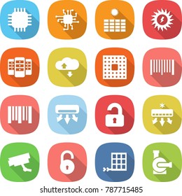 flat vector icon set - chip vector, sun power, server, cloud service, cpu, bar code, air conditioning, unlocked, surveillance camera, unlock, solar panel, water pump
