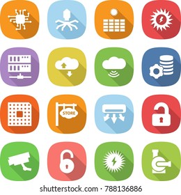 flat vector icon set - chip vector, virus, sun power, server, cloud service, wireless, virtual mining, cpu, store signboard, air conditioning, unlocked, surveillance camera, unlock, solar