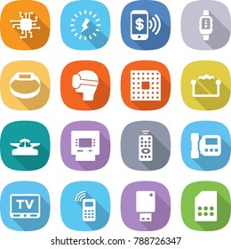 flat vector icon set - chip vector, lightning, phone pay, smart watch, bracelet, virtual mask, cpu, electrostatic, scales, atm, remote control, intercome, tv, mobile, usb flash, sim card