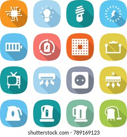 flat vector icon set - chip vector, bulb, lightning, battery, charge, cpu, electrostatic, tv, air conditioning, power socket, kettle, vacuum cleaner