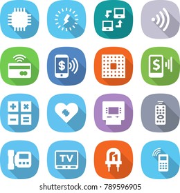 flat vector icon set - chip vector, lightning, notebook connect, wireless, tap to pay, phone, cpu, mobile, calculator, pacemaker, atm, remote control, intercome, tv, led