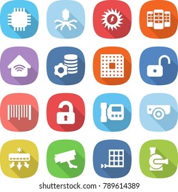 flat vector icon set - chip vector, virus, sun power, server, wireless home, virtual mining, cpu, unlock, bar code, unlocked, intercome, surveillance camera, air conditioning, solar panel