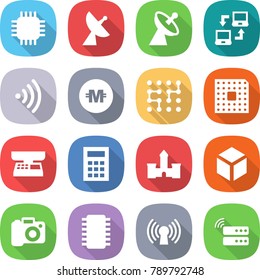 flat vector icon set - chip vector, satellite antenna, notebook connect, wireless, crypto currency, cpu, market scales, calculator, castle, 3d, camera, server