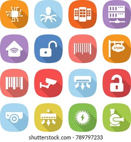 flat vector icon set - chip vector, virus, server, wireless home, unlock, bar code, store signboard, surveillance, air conditioning, unlocked, camera, solar power, water pump