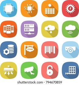 flat vector icon set - chip vector, sun power, server, cloud service, wireless, virtual mining, store signboard, bar code, surveillance camera, air conditioning, unlock, solar panel