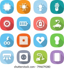 flat vector icon set - chip vector, bulb, sun power, battery, charge, electric car, infinity, cpu, pacemaker, air conditioning, socket, vacuum cleaner