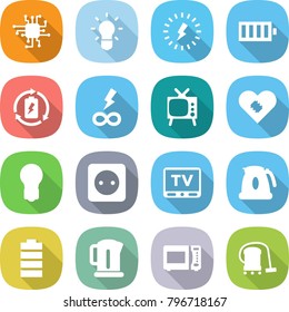 flat vector icon set - chip vector, bulb, lightning, battery, charge, infinity power, tv, pacemaker, socket, kettle, microwave oven, vacuum cleaner