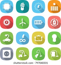flat vector icon set - chip vector, bulb, lightning, sun power, windmill, battery, charge, electric car, infinity, electrostatic, socket, vacuum cleaner
