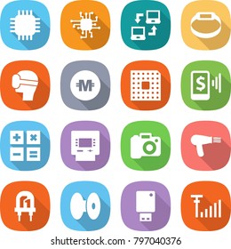 flat vector icon set - chip vector, notebook connect, smart bracelet, virtual mask, crypto currency, cpu, mobile pay, calculator, atm, camera, hair dryer, led, coil, usb flash, antenna signal