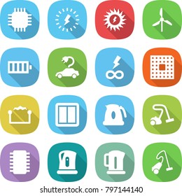 flat vector icon set - chip vector, lightning, sun power, windmill, battery, electric car, infinity, cpu, electrostatic, switch, kettle, vacuum cleaner