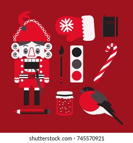 Flat vector icon set of christmas items and presents. Vector illustration for postcard, poster print.