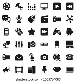 Flat vector icon set - cinema clap vector, film frame, spool, music hit, camera, microphone, satellitie, loudspeaker, gamepad, settings, equalizer, video, touchscreen, dialog, monitor, notebook pc