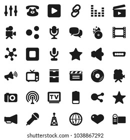 Flat vector icon set - cinema clap vector, film frame, disk, music hit, microphone, antenna, speaker, loudspeaker, tv, settings, equalizer, video camera, internet, dialog, classic phone, link, heart