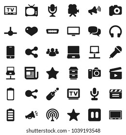 Flat vector icon set - cinema clap vector, camera, microphone, antenna, newspaper, loudspeaker, tv, video, mobile phone, dialog, headphones, monitor, notebook pc, social media, group, favorites