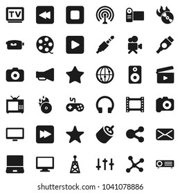 Flat vector icon set - cinema clap vector, film frame, spool, music hit, camera, antenna, loudspeaker, gamepad, settings, tv, video, internet, headphones, monitor, notebook pc, speaker, favorites