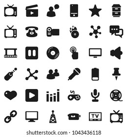 Flat vector icon set - cinema clap vector, film frame, spool, disk, music hit, microphone, antenna, speaker, tv, gamepad, equalizer, video camera, mobile phone, touchscreen, dialog, speaking man