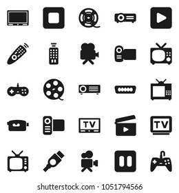 Flat vector icon set - cinema clap vector, film spool, tv, video camera, remote control, play button, pause, stop, hdmi, projector, gamepad