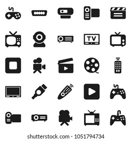 Flat vector icon set - cinema clap vector, film spool, tv, gamepad, video camera, remote control, play button, stop, hdmi, web, projector
