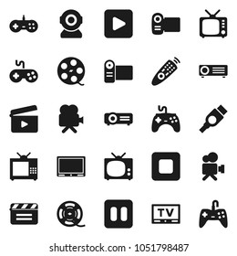 Flat vector icon set - cinema clap vector, film spool, tv, gamepad, video camera, remote control, play button, pause, stop, hdmi, web, projector