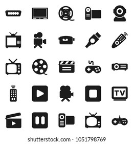 Flat vector icon set - cinema clap vector, film spool, tv, gamepad, video camera, remote control, play button, pause, stop, hdmi, web, projector