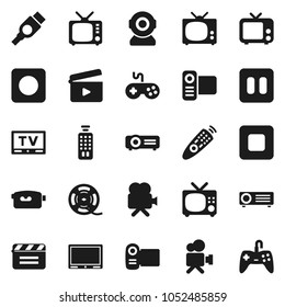 Flat vector icon set - cinema clap vector, film spool, tv, gamepad, video camera, remote control, pause button, stop, rec, hdmi, web, projector