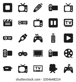 Flat vector icon set - cinema clap vector, film spool, tv, gamepad, video camera, remote control, play button, pause, stop, hdmi, projector