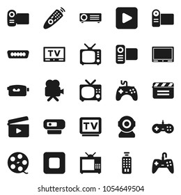Flat vector icon set - cinema clap vector, film spool, tv, gamepad, video camera, remote control, play button, stop, hdmi, web, projector