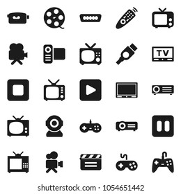 Flat vector icon set - cinema clap vector, film spool, tv, gamepad, video camera, remote control, play button, pause, stop, hdmi, web, projector