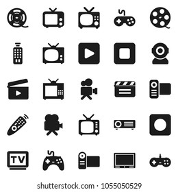 Flat vector icon set - cinema clap vector, film spool, tv, gamepad, video camera, remote control, play button, stop, rec, web, projector