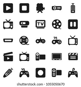 Flat vector icon set - cinema clap vector, film spool, tv, gamepad, video camera, remote control, play button, pause, stop, rec, hdmi, web, projector