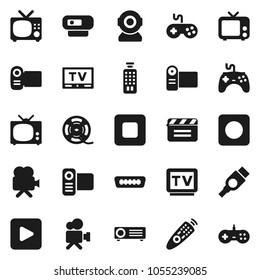 Flat vector icon set - cinema clap vector, film spool, tv, gamepad, video camera, remote control, play button, stop, rec, hdmi, web, projector