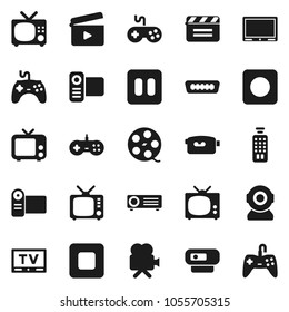 Flat vector icon set - cinema clap vector, film spool, tv, gamepad, video camera, remote control, pause button, stop, rec, hdmi, web, projector