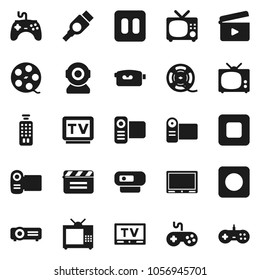 Flat vector icon set - cinema clap vector, film spool, gamepad, tv, video camera, remote control, pause button, stop, rec, hdmi, web, projector