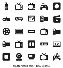 Flat vector icon set - cinema clap vector, film spool, tv, gamepad, video camera, remote control, pause button, stop, rec, hdmi, web, projector