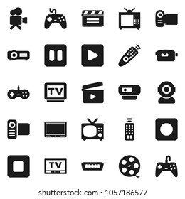 Flat vector icon set - cinema clap vector, film spool, gamepad, tv, video camera, remote control, play button, pause, stop, rec, hdmi, web, projector