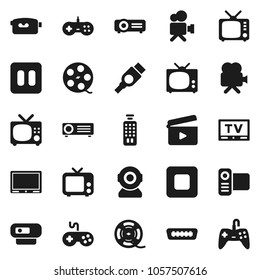 Flat vector icon set - cinema clap vector, film spool, tv, gamepad, video camera, remote control, pause button, stop, hdmi, web, projector