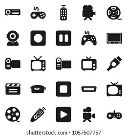Flat vector icon set - cinema clap vector, film spool, tv, gamepad, video camera, remote control, play button, pause, stop, rec, hdmi, web, projector