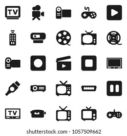 Flat vector icon set - cinema clap vector, film spool, tv, gamepad, video camera, remote control, play button, pause, stop, rec, hdmi, web, projector