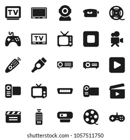 Flat vector icon set - cinema clap vector, film spool, tv, gamepad, video camera, remote control, play button, stop, hdmi, web, projector