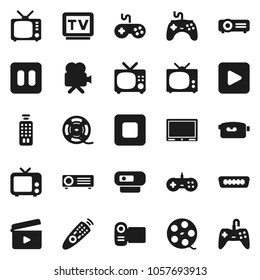 Flat vector icon set - cinema clap vector, film spool, tv, gamepad, video camera, remote control, play button, pause, stop, hdmi, web, projector