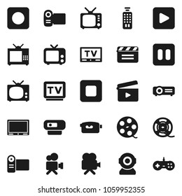 Flat vector icon set - cinema clap vector, film spool, tv, video camera, remote control, play button, pause, stop, rec, web, projector, gamepad