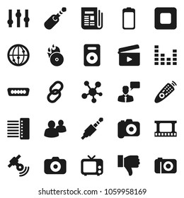 Flat vector icon set - cinema clap vector, film frame, music hit, camera, satellitie, newspaper, tv, settings, equalizer, remote control, internet, speaking man, social media, link, speaker, group