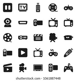 Flat vector icon set - cinema clap vector, film spool, tv, gamepad, video camera, remote control, play button, pause, hdmi, web, projector