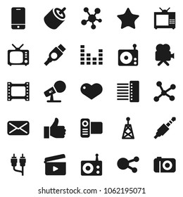 Flat vector icon set - cinema clap vector, film frame, microphone, radio, antenna, tv, equalizer, video camera, mobile phone, social media, finger up, favorites, heart, mail, rca, hdmi, jack, hub